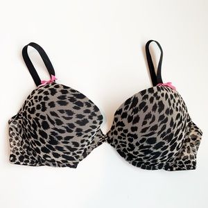 Betsey Johnson Black and Gray Leopard Push-Up Bra with Pink Accents